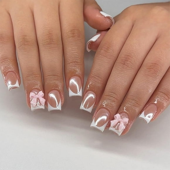 Medium Square Press on Nails White French Tip Fake Nails Chrome False Nails with Pink Bow Designs Elegant Glossy Glue on Nails Full Cover Stick on Nails for Women Girls 24Pcs
