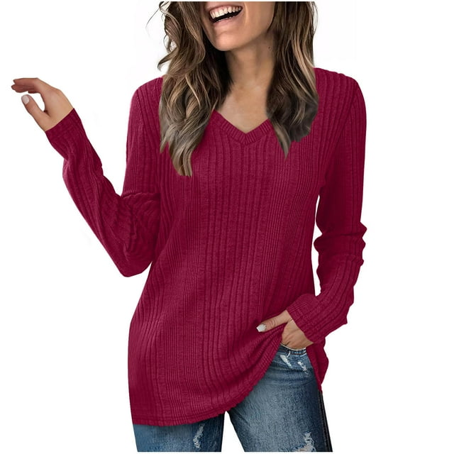 yoeyez Tunique en Tricot pour Femmes, Chandails à Manches Torsadées Patchwork, Col Ras du Cou Raglan, Chemises à Manches Longues, Hauts de Mode d'Automne 2024, Rose Vif, TTG