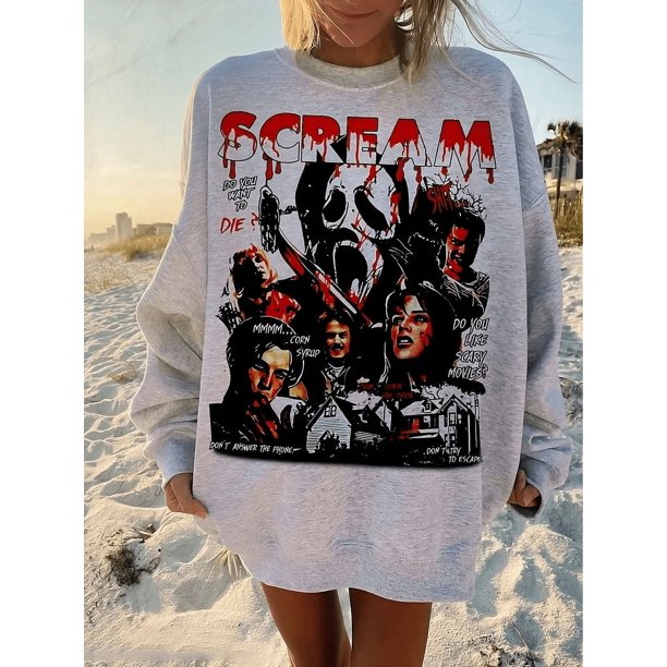 Sudadera informal sin capucha de manga larga con diseño de grito de Halloween para mujer, chaqueta con cuello redondo para Otoño e Invierno