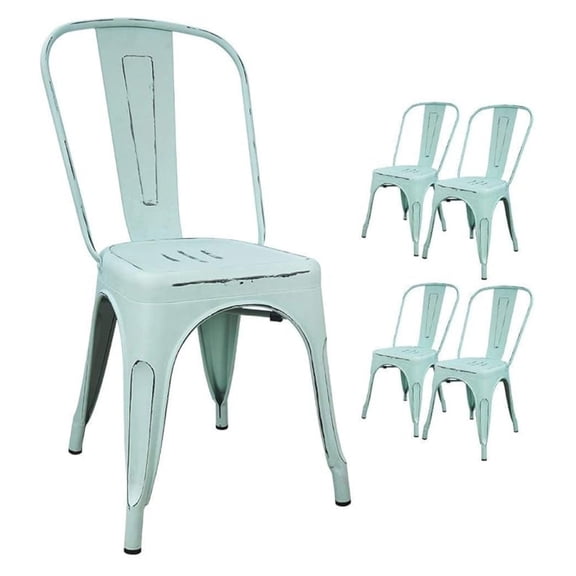 AIZYT Metal Indoor-Outdoor Chairs Distressed Style Kitchen Dining Chairs Stackable Side Chair with Back Set of 4 (Blue)