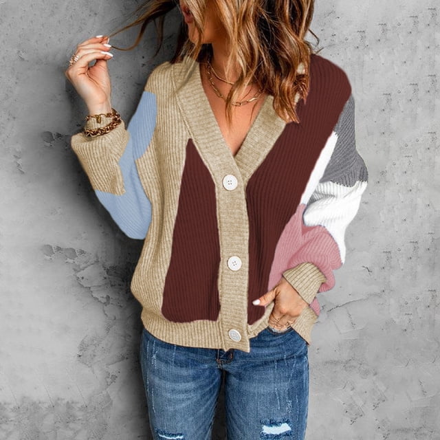 Aqestyerly Cardigans à Capuche pour Femmes Boutons Color Block Col en V Tricoté Décontracté Mode Manches Longues Hauts Blouse