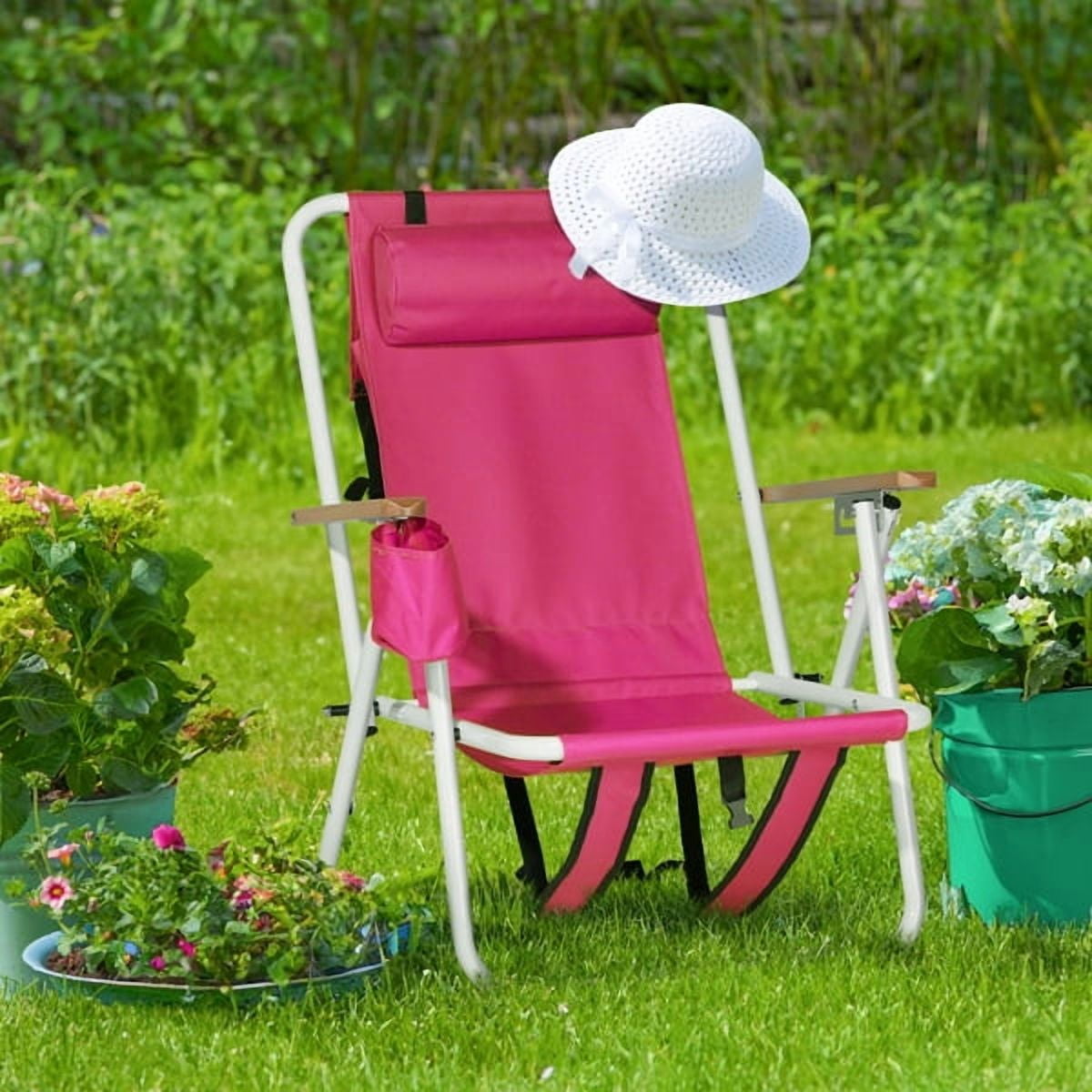 Set of 2 Folding Beach Chair for Adults, 4 Position Portable Backpack Foldable Camping Chair with Headrest Cup Holder and Wooden Armrests, Pink