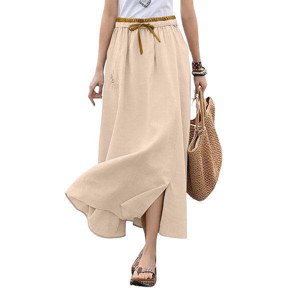 Linen Skirts for Women Drawstring Flowy Long Skirt with Slit Summer Causal Maxi Skirt, 2XL