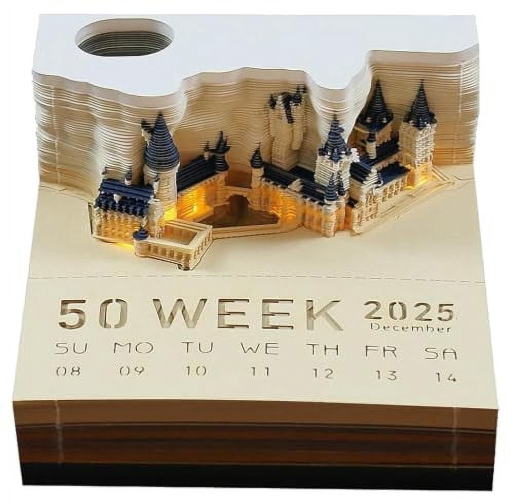 Magic Castle 3D Memo Pad, 2025 Desk Weekly Calendar 284 Sheets Carving Art Notepad DIY Sticky Post Creative Stickers Papers Card Craft with LED for Office/Reading Room/Studio Gift