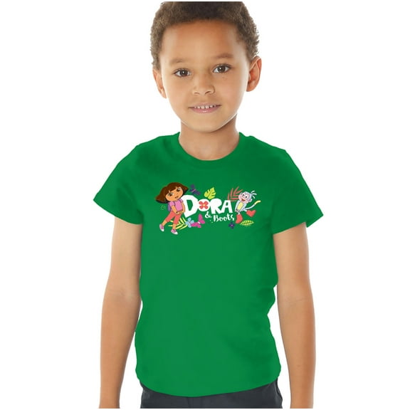 Popfunk Dora The Explorer With Boots And Butterflies Kids T Shirt (2) for Toddler Boys and Girls, Kelly Green