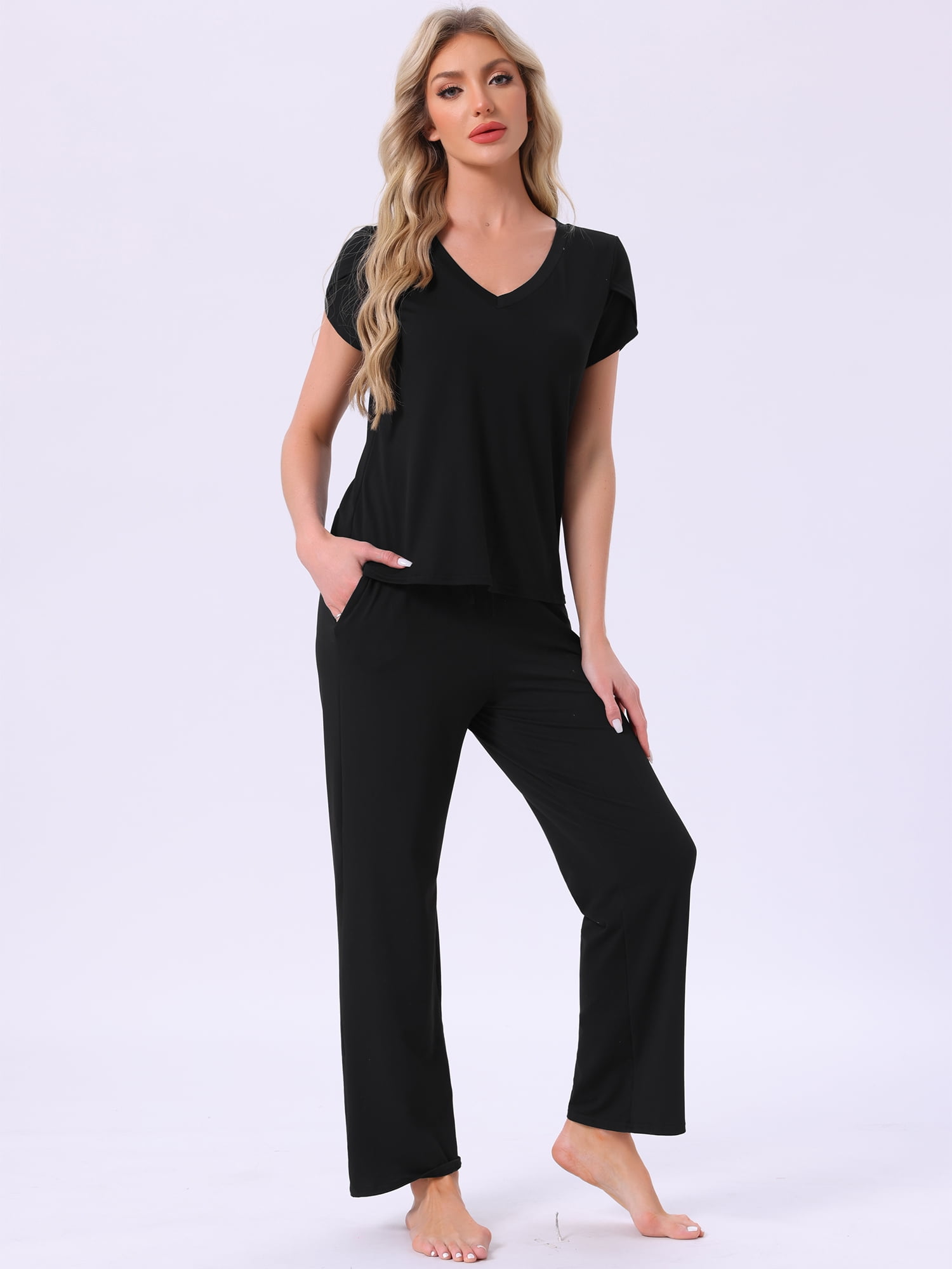 DARING DIVA Pajamas V Neck Top Drawstring Pants Sleepwear Lounge Sets XL Black