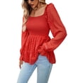 thumbnail image 3 of ZAXARRA Women's Scoop Neck Smocked Tops Ruffle Long Sleeve Textured T-Shirts Peplum Blouses, 3 of 6