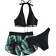 thumbnail image 1 of Traje de baño de 3 piezas para mujer Traje de baño Estampado floral con cordones Halter Top Bikini con pantalones cortos Negro // Blanco XX-Large, 1 of 5