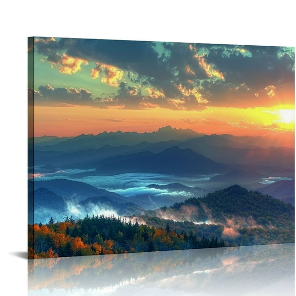 PRATYUS Smoky Mountain Wall Art Sunset Blue Ridge Parkway Mountains Pictures Wall Decor Appalachians Forest Poster Canvas Painting Artwork for Living Room Bedroom Home Decoration 20x16in