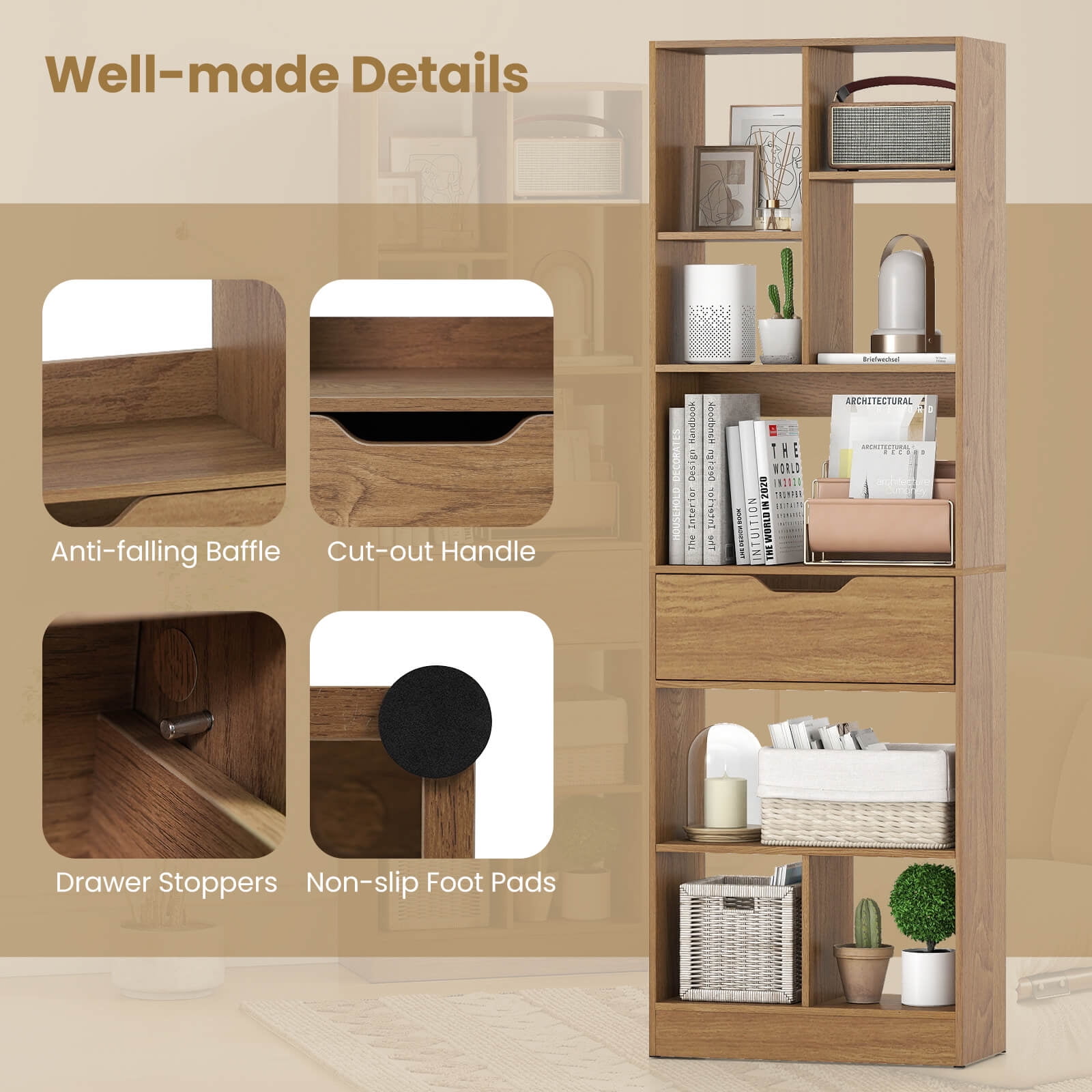 Costway 1 PCS 61” Bookcase with Drawer, 8 Open Cubes, Anti-toppling Kits for Living Room, Study Natural