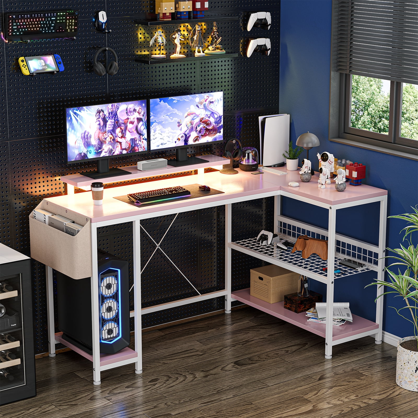 L Shaped Desk, Computer Gaming Desk with Power Outlet & Led Light, Reversible Corner Desk with Monitor Stand & Storage Shelves, Storage Bag for Home Office