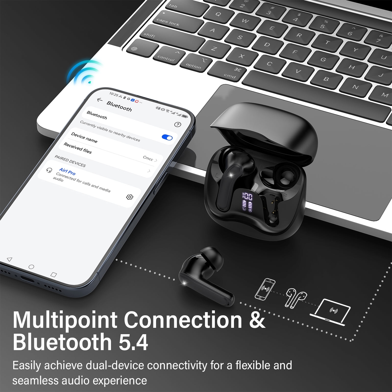 Wireless Earbuds Bluetooth 5.4 Headphone, 48H Deep Bass LED Power Display Earphones with 6 Mic, Clear Call Ear Buds AI Noise Cancelling ,IPX7 Waterproof in-Ear Earbuds for Android IOS