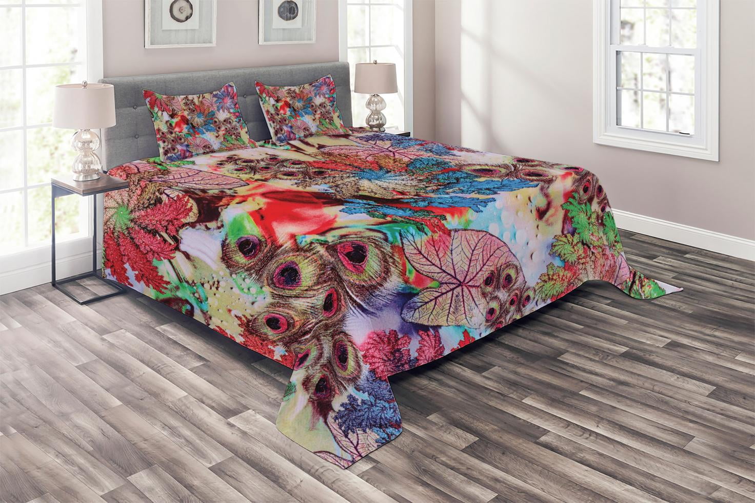 Peacock Coverlet Set Queen Size, Colorful Floral Artwork with Peacock