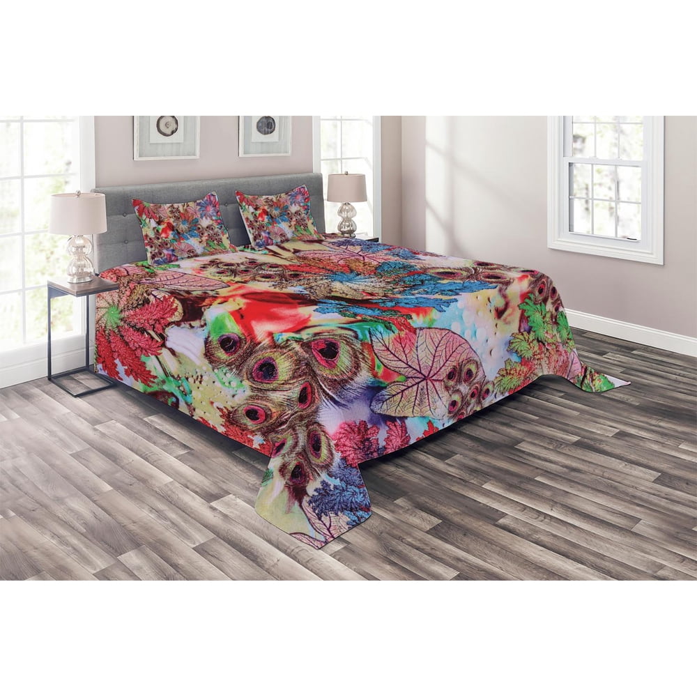 Peacock Coverlet Set, Colorful Floral Artwork with Peacock Feather