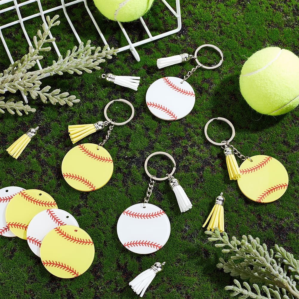 30 pcs Softball Baseball Acrylic Keychain Mutil-color Acrylic Keychain with Tassel for Gift School Rewards Sports Party