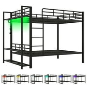 Euroco Metal Full over Full Bunk Bed wih Storage Shelves, Clothes Habnger and LED Light for Kids Teens Room, Black