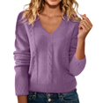 thumbnail image 3 of Women's V Neck Sweater, Fluffy Soft Velvet Touch Pullover, Embossed Design Knit Top, Long Sleeve Casual Pullover, Solid Color Fall Winter Top, Everyday Wear Sweater Purple L, 3 of 7