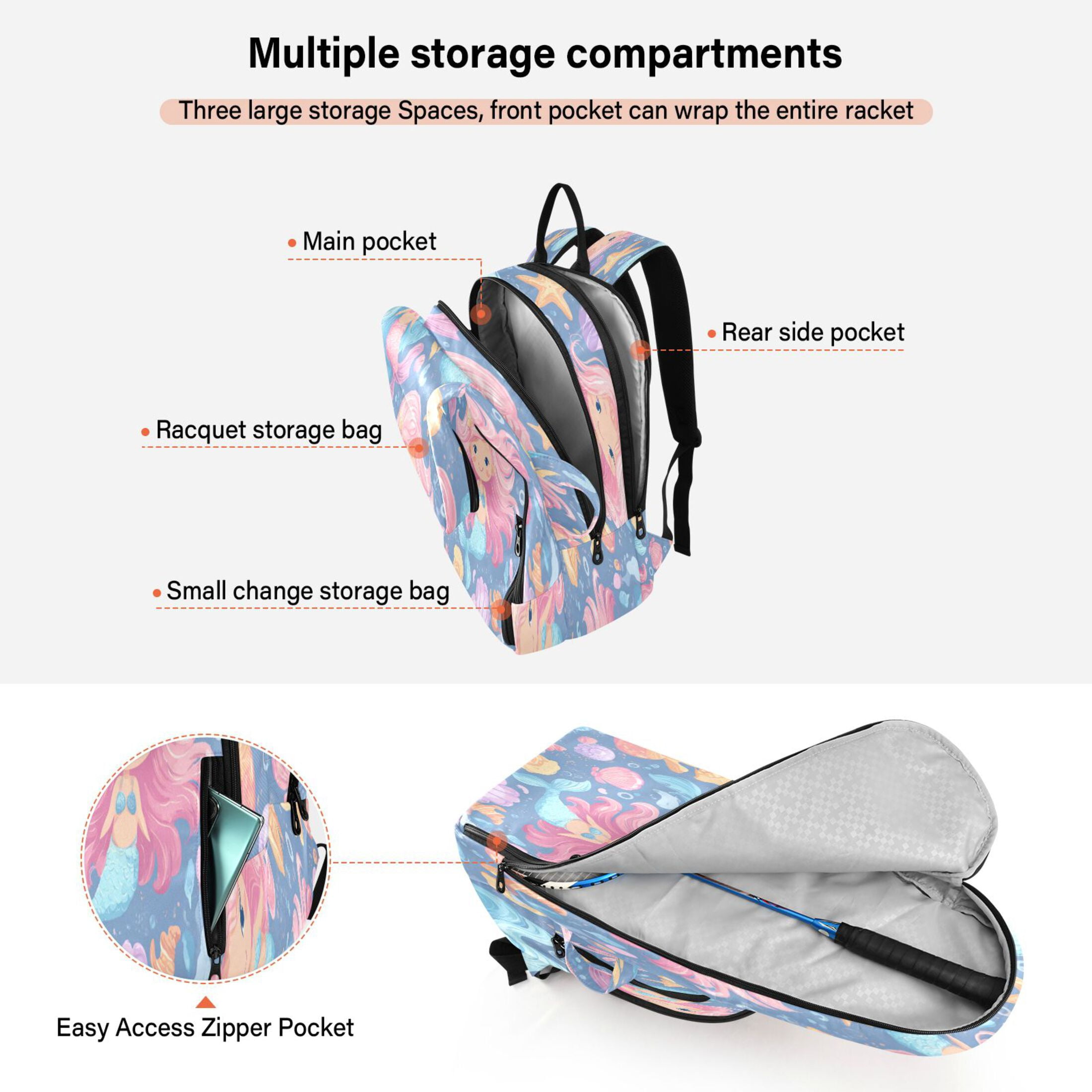 2 Racquet Holder Tennis Backpack Tennis Racket Covers Gym Bags Cute Little Mermaids