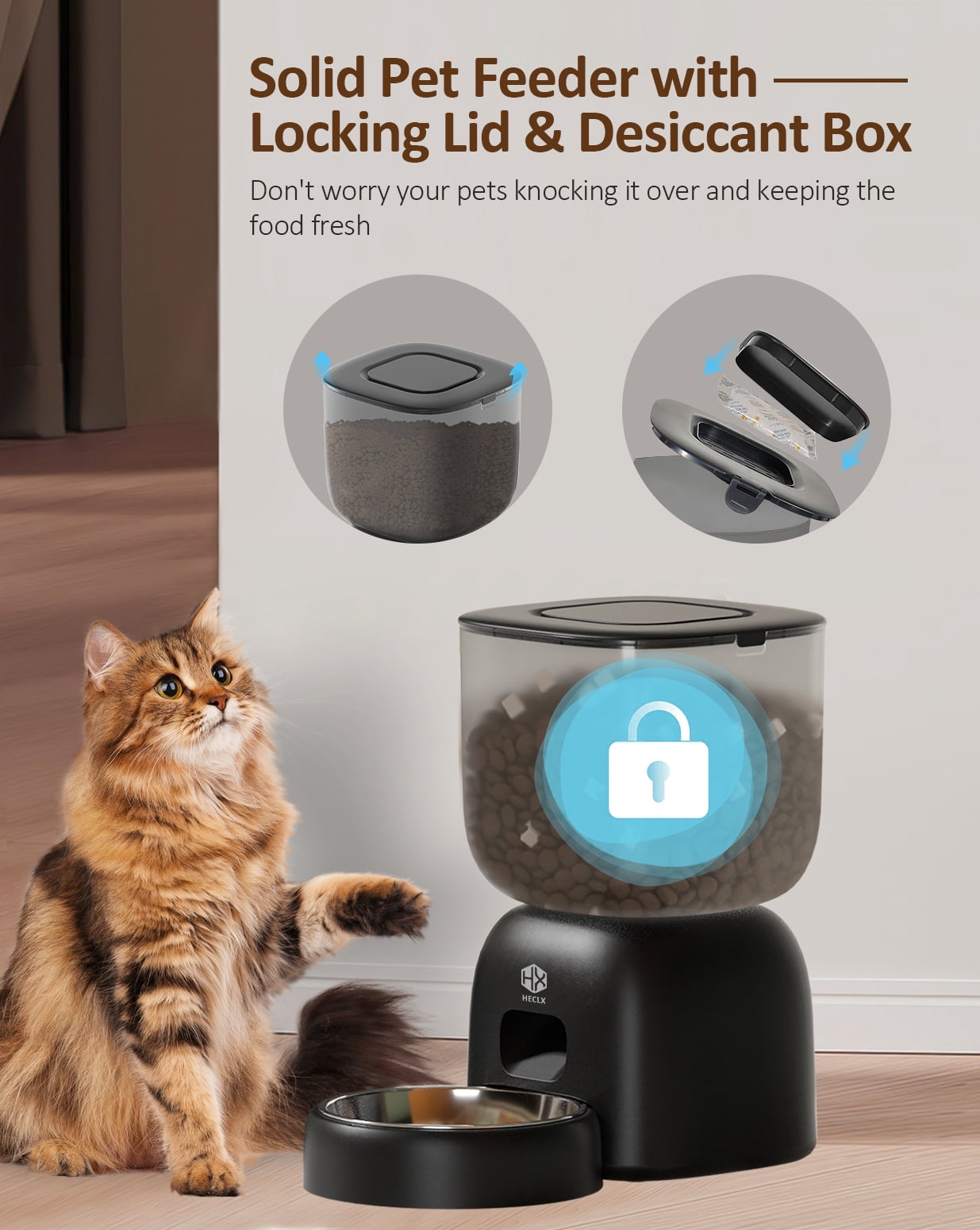 Automatic Cat Feeder and Water Dispenser Set with Pet Food Bowl, Smart Cat Food Timer Automatic Feeder, Locking Lid, Voice Recorder (Black)
