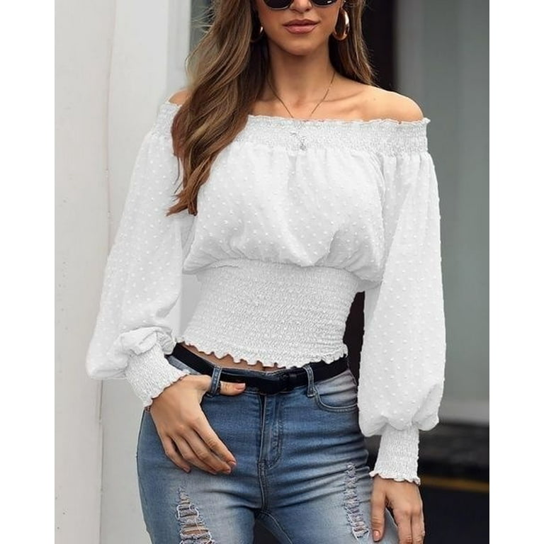 2019 New Women Chiffon Off Shoulder Casual Top Sexy Ladies Ruffle Frill T Shirt Long Sleeve Shirts Slim Casual Blouses - Walmart.com
