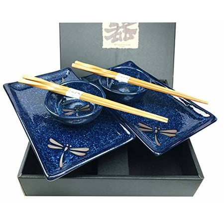 Sushi Dishware - Made In Japan Dragonfly Symbol of Change In Life's Perspective Ceramic Sushi Dinnerware Set For Two Plates Sauce Bowls and Chopsticks For Home Decor Housewarming Gift