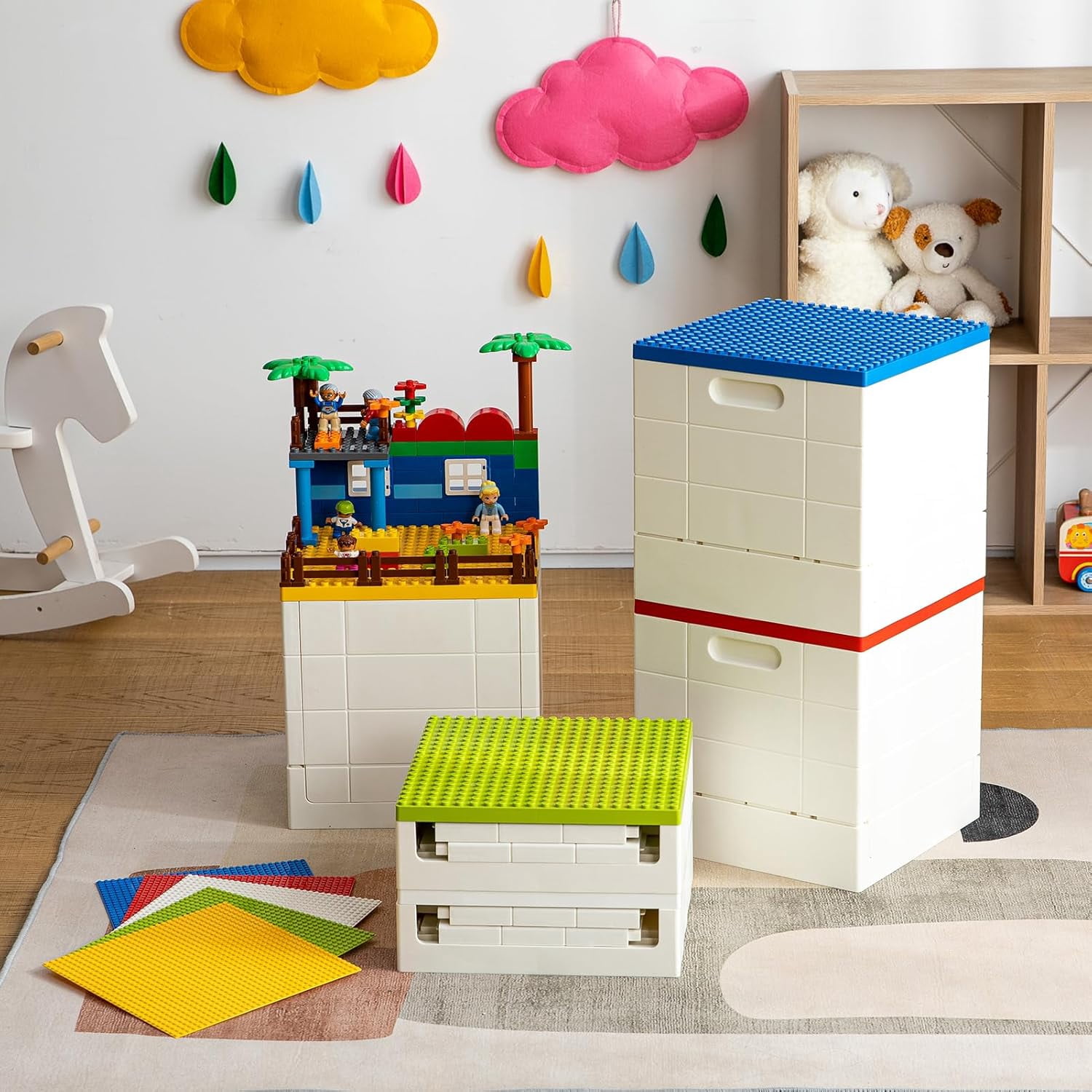 Folding Storage Box with Building Lid for Duplo Blocks, 26 Qt. Foldable Toy Container, 25L Collapsible Storage Bin with Building Baseplate for Lego Bricks, Blue