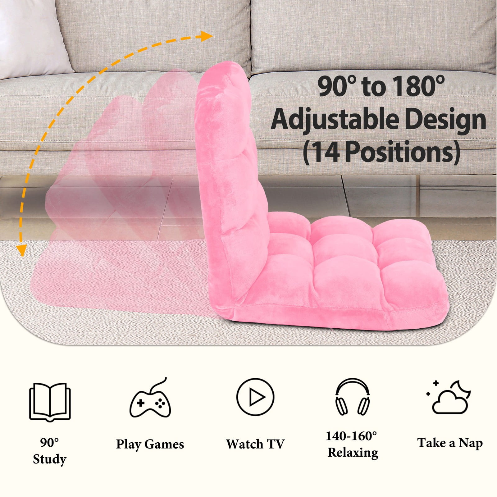 WDZS 14-Position Folding Floor Chair Gaming Sofa Cushioned Padded Reclining Bed Lounge Couch Seating for Comfy Reading, Reading, Gaming, Relaxing, Watching TV,Pink