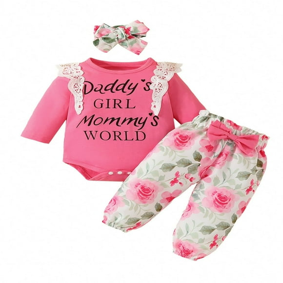 Baby Girls 3Pcs Fall Outfits Long Sleeve Lace Ruffle Romper + Pants + Headband Set Infant Clothes