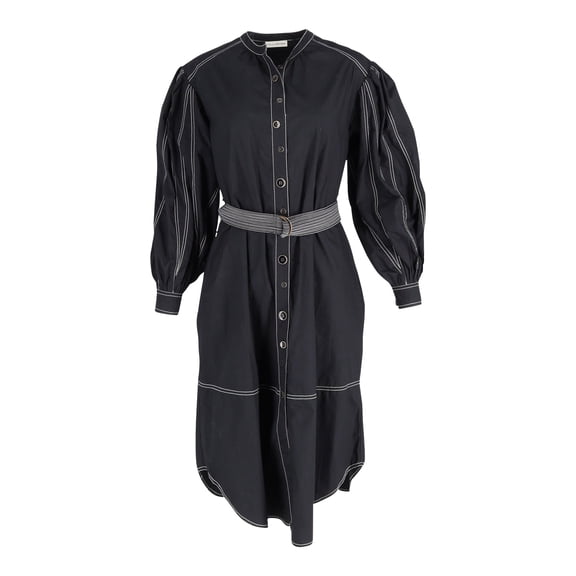 Pre-Owned Ulla Johnson Maria Belted Topstitched Midi Dress in Black Cotton