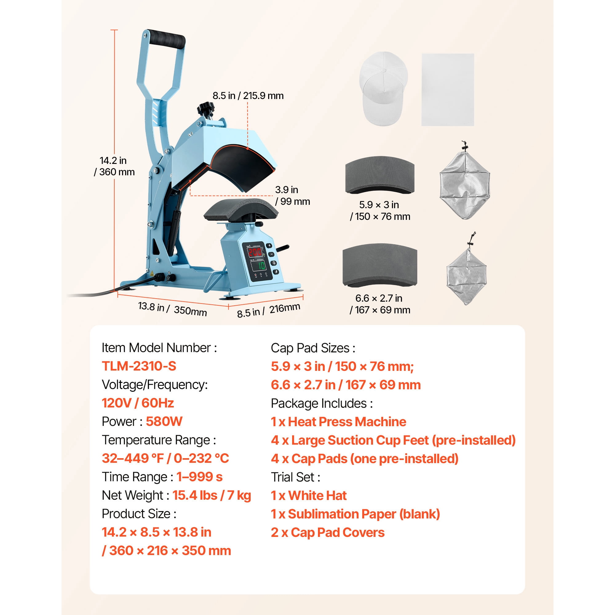 KFFKFF Hat Heat Press Machine with Dual Interchangeable Platens and Cap Stretcher, Accurate Temperature and Time Settings, Ideal for Heat Transfer Vinyl and Sublimation on Hats and Caps, Light Blue