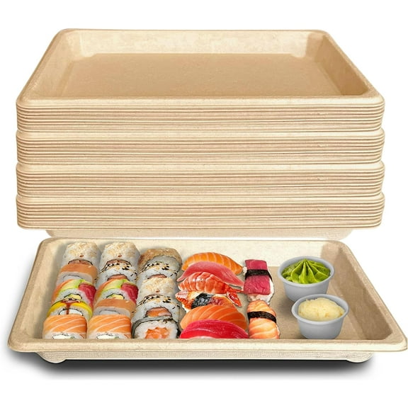 EcoQuality Compostable Sushi Trays X-Large - Natural Sugarcane Bagasse Take Out Sushi Container - Biodegradable Disposable Sushi Plate Eco Friendly Plastic Alternative To go Serving Tray (25 PACK)
