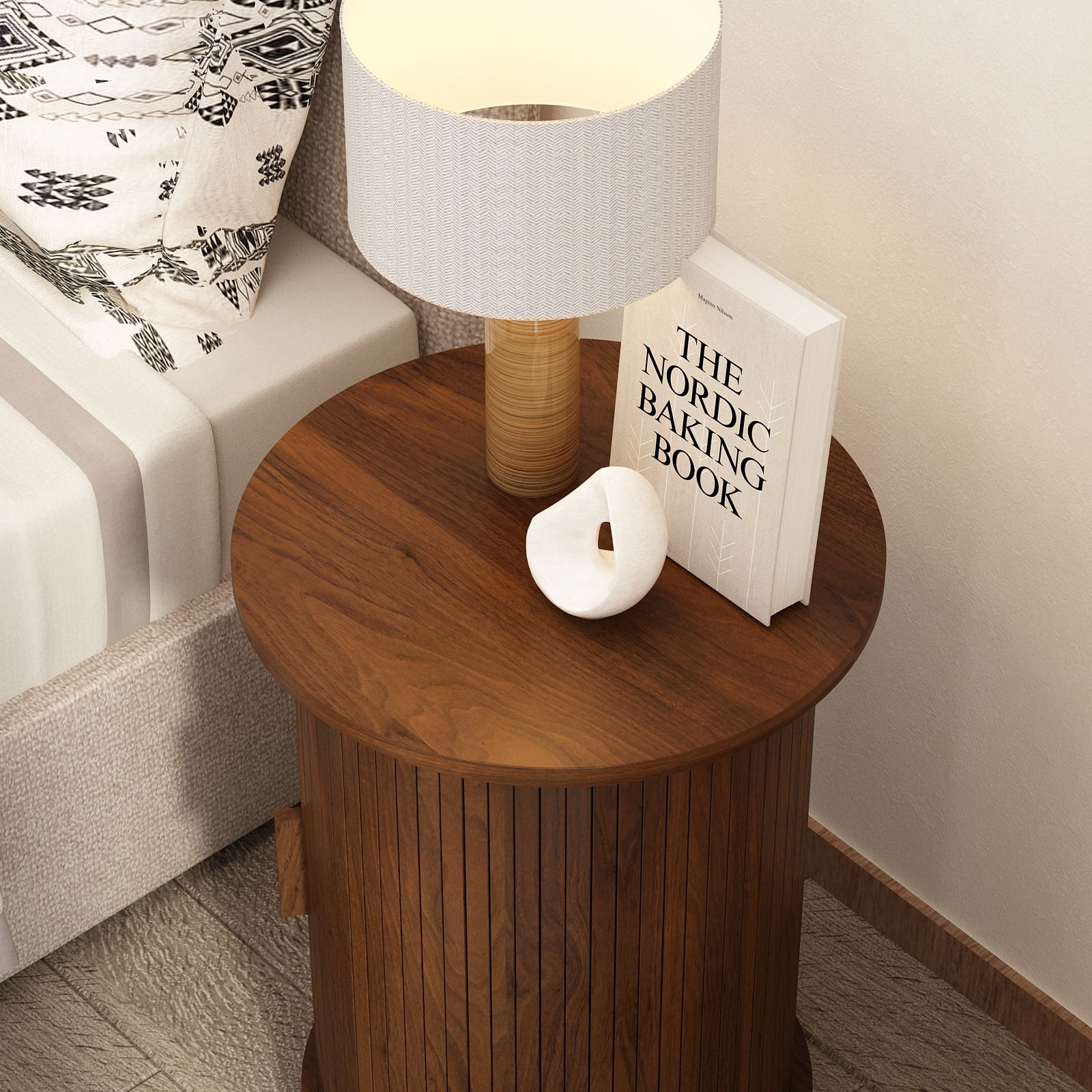18'' Fluted Round End Tables with Sliding Door, Modern Side Table Nightstands for Living Room Bedroom, Walnut