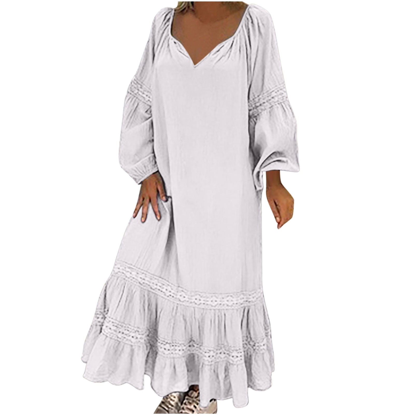 LWZWM Womens Casual Dresses Long Sleeve Round Neck Lace Hollow Lantern Sleeve Ruffle Dress White S