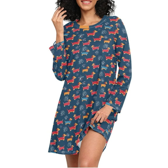 joogoo Dachshund Cute Dogs Women's Long Sleeve Nightgown Sleepwear L