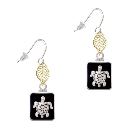 Delight Jewelry Silvertone Turtle on Black Frame Goldtone Leaf French Earrings