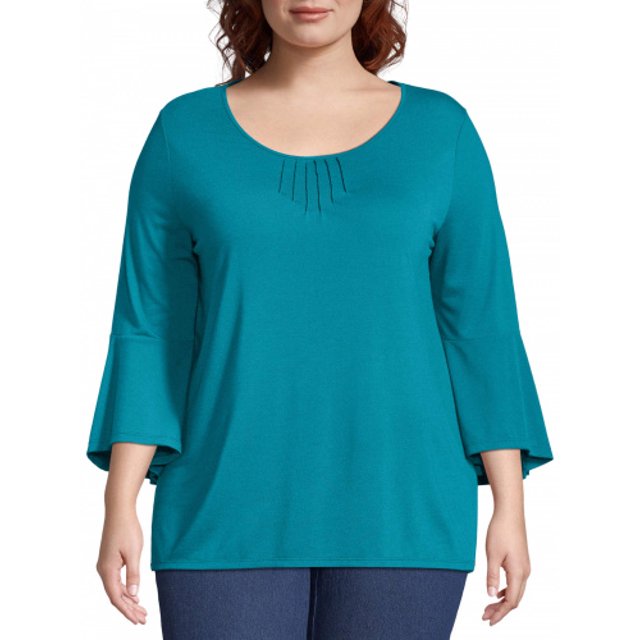 (Océandepths, 1x) - Haut à Manches Évasées à Col Pin-tuck pour Femme Grande Taille