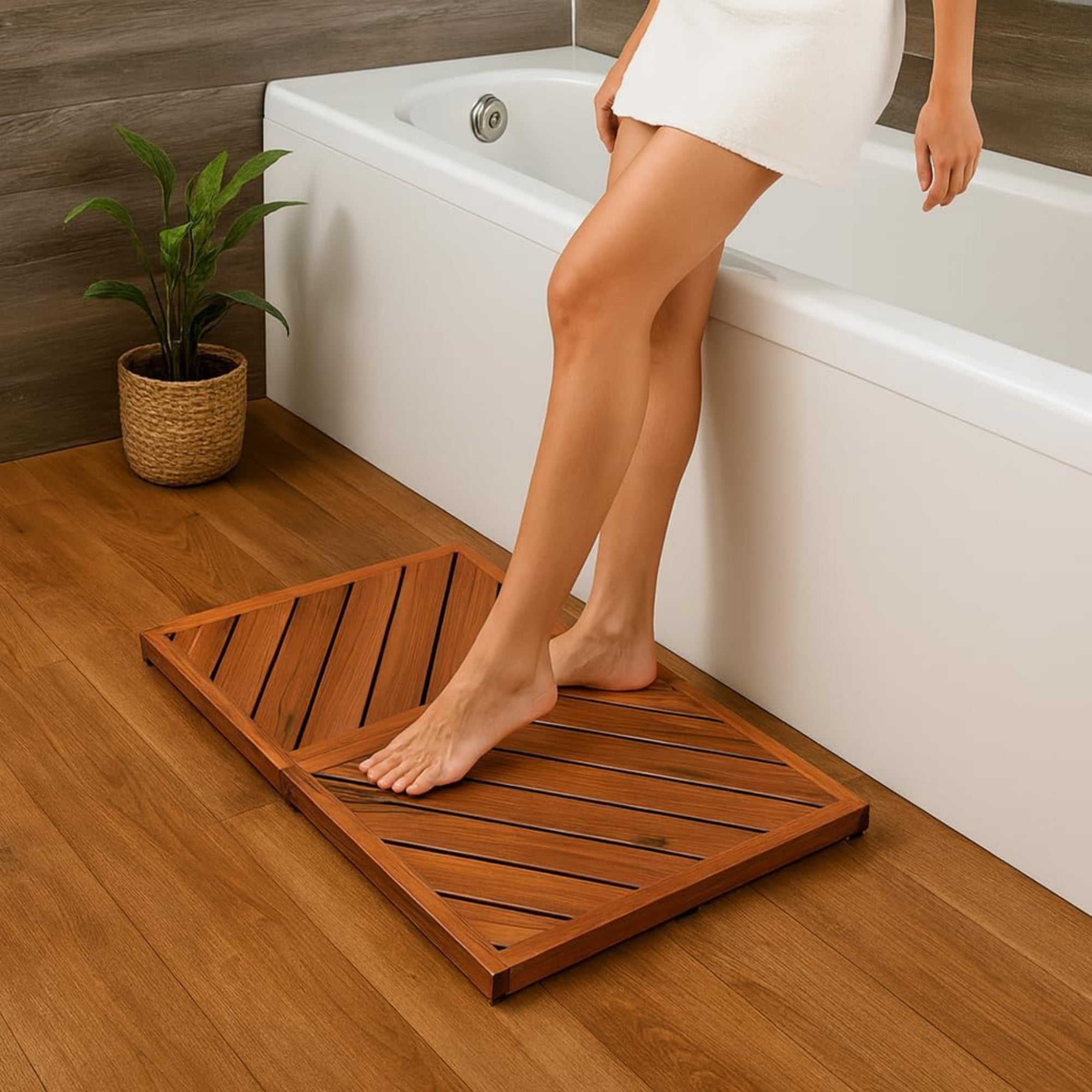 Teak Wood Bath Mat for Bathroom -  Non Slip Wooden Shower Mat Floor Sturdy Mats for Outside Inside Shower Luxury Spa Home or Outdoor, Teak Wood Bath Rug, Water Resistant, Bathroom Rugs & Bath Mats