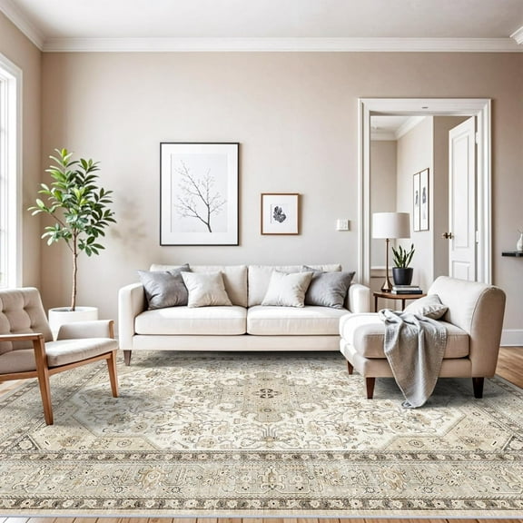10x12 Area Rug Living Room: Washable Vintage Rugs for Bedroom Dining Room - Farmhouse Ultra Thin Low Pile Stain Resistant Rugs Indoor Carpet - Home Decor for Oriental Lover 10'x12' Ivory