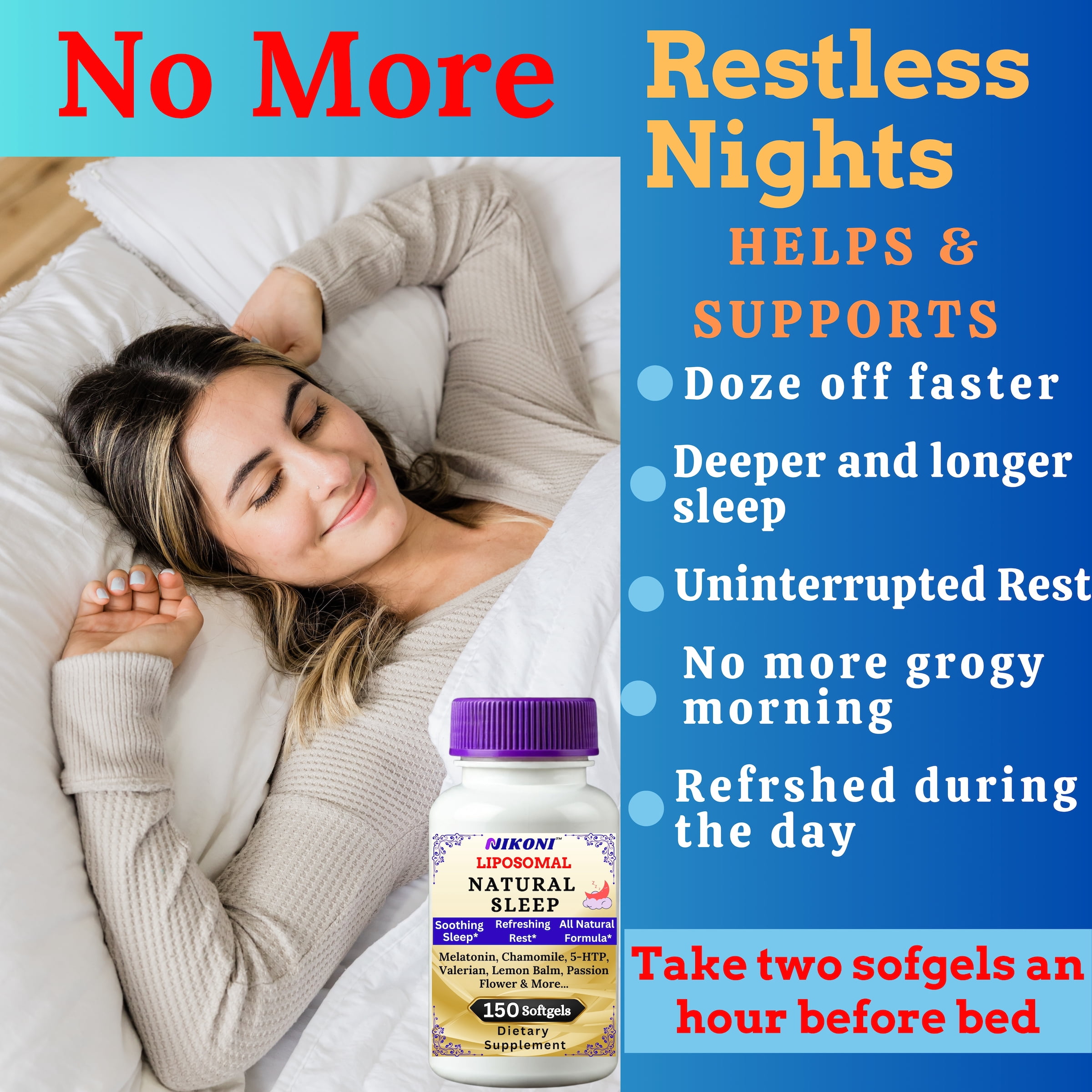 Nikoni Liposomal Sleep & Mood Support Supplement, Natural Blend for Relaxation & Emotional Wellness – 150 Softgels