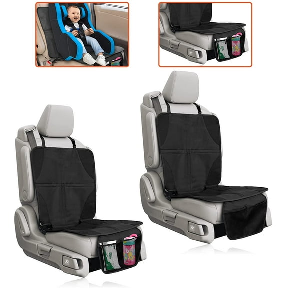Trobo Car Seat Protector for Child Carseat, 2 Pack Luxury Non-Slip Thick Padding Waterproof Baby Car Seat Mat Pad Cover with 2 Mesh Organizer Storage Pockets to Protect Leather and Upholstery, Black