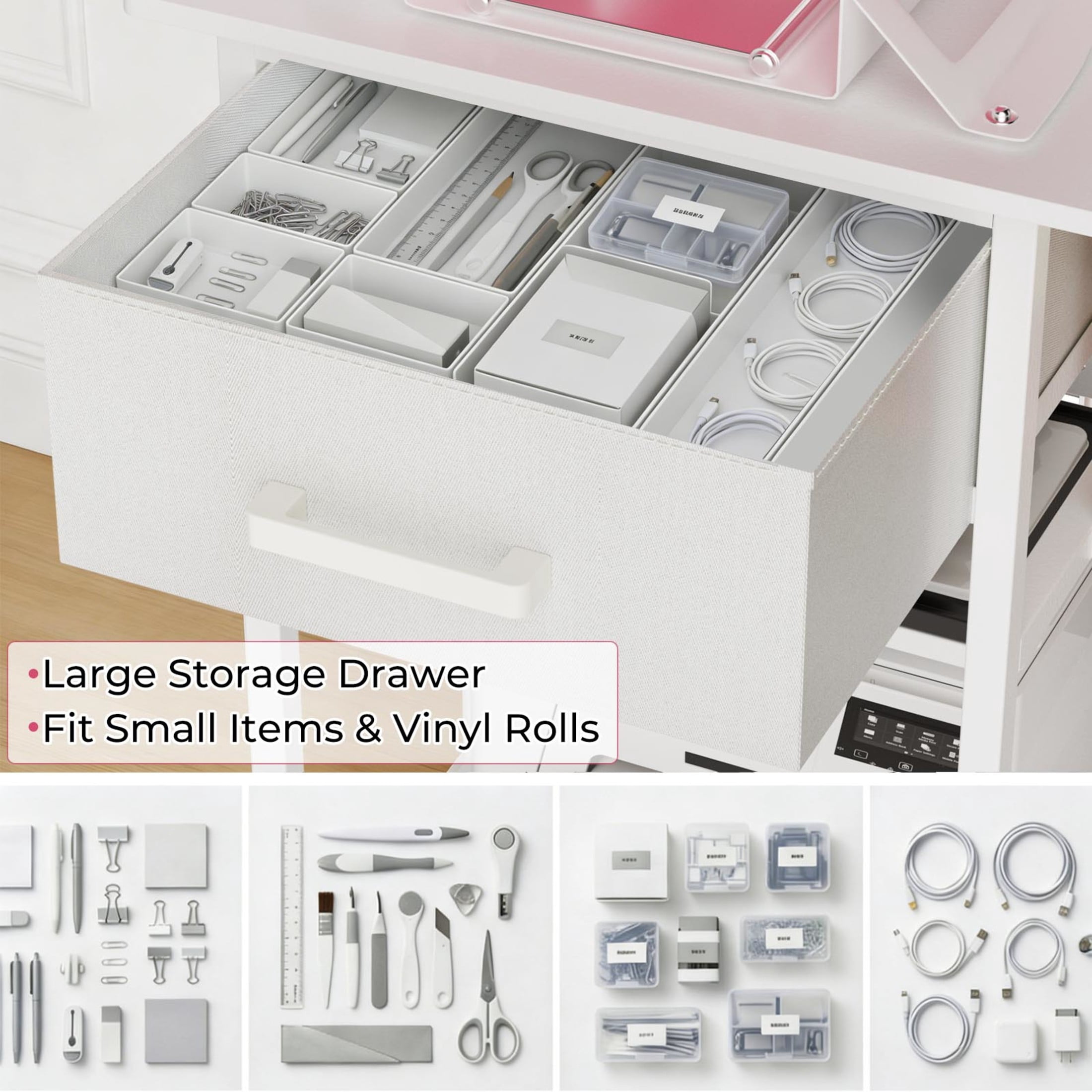 Noble House Large Rolling Heat Press Stand Desk, Metal Workbench with Vinyl Storage, Drawer & Charging Station, White