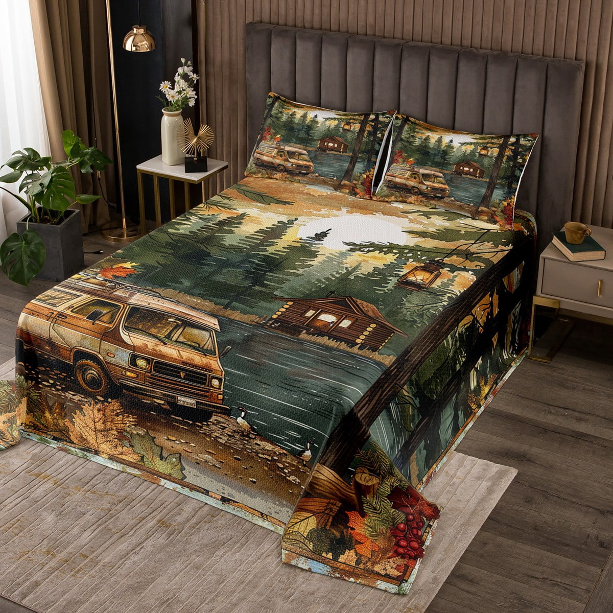 Camper Bedspread Set, Rv Camper Accessories for Travel Trailers Coverlet Set, Cartoon Camper Decor Rustic Cabin Lodge Quilt Set | Camping Car In Nature Scenery Bed Set Twin with 1 Pillowcase