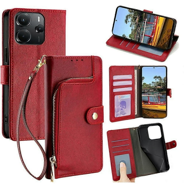 For Xiaomi Redmi Note 14 4G (164.84mm) Case Zipper Pocket PU Leather Wallet Flip Phone Cover - Black
