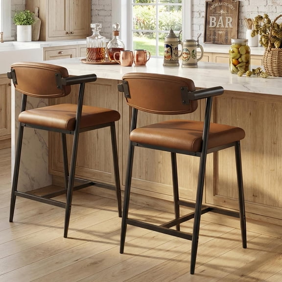 Bar Stools Set of 2 with Arms, Modern Counter Height Metal Barstools Set with Long Back & Footrest, Upholstered Wider Soft Seat, Sturdy Frame, for Counter Bar, Kitchen Island, Coffee Brown