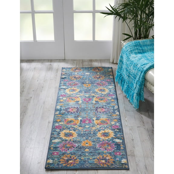 2' x 6â€™ Denim Blue Florals Distressed Runner Rug