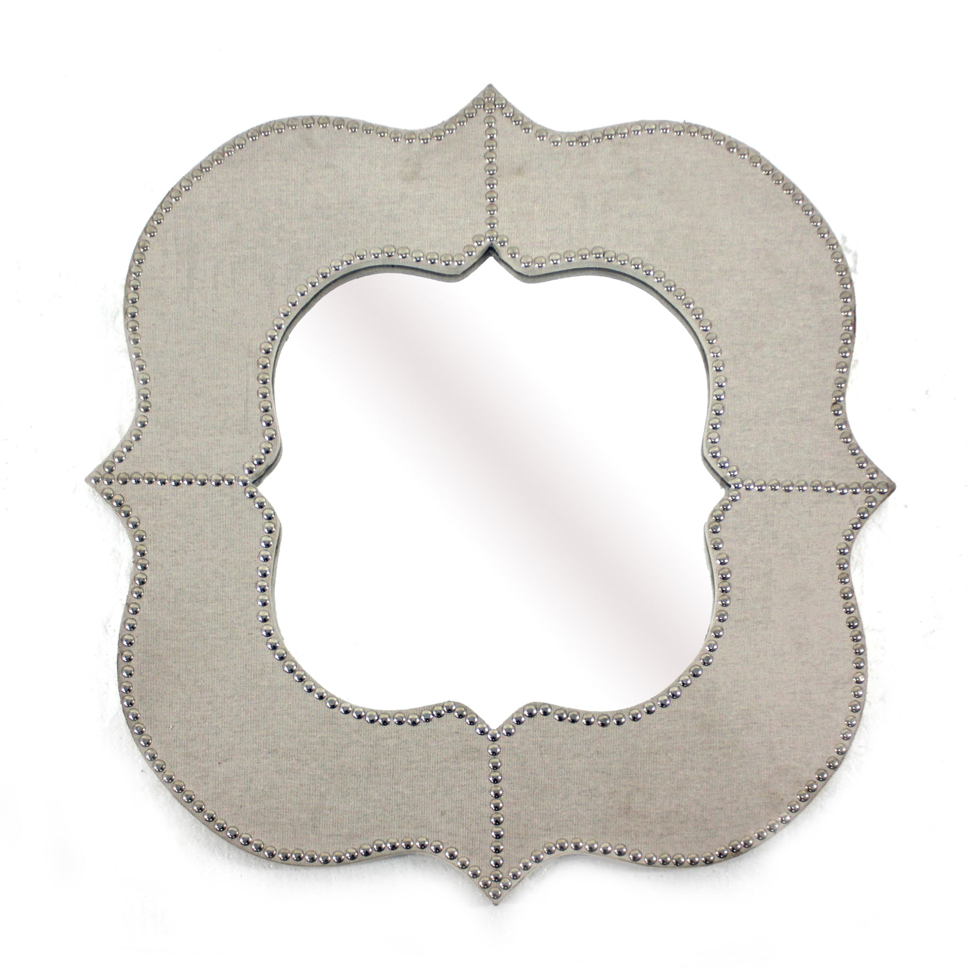 Wooden Quatrefoil Pattern Wall Mirror with Nailhead Trim, Silver and
