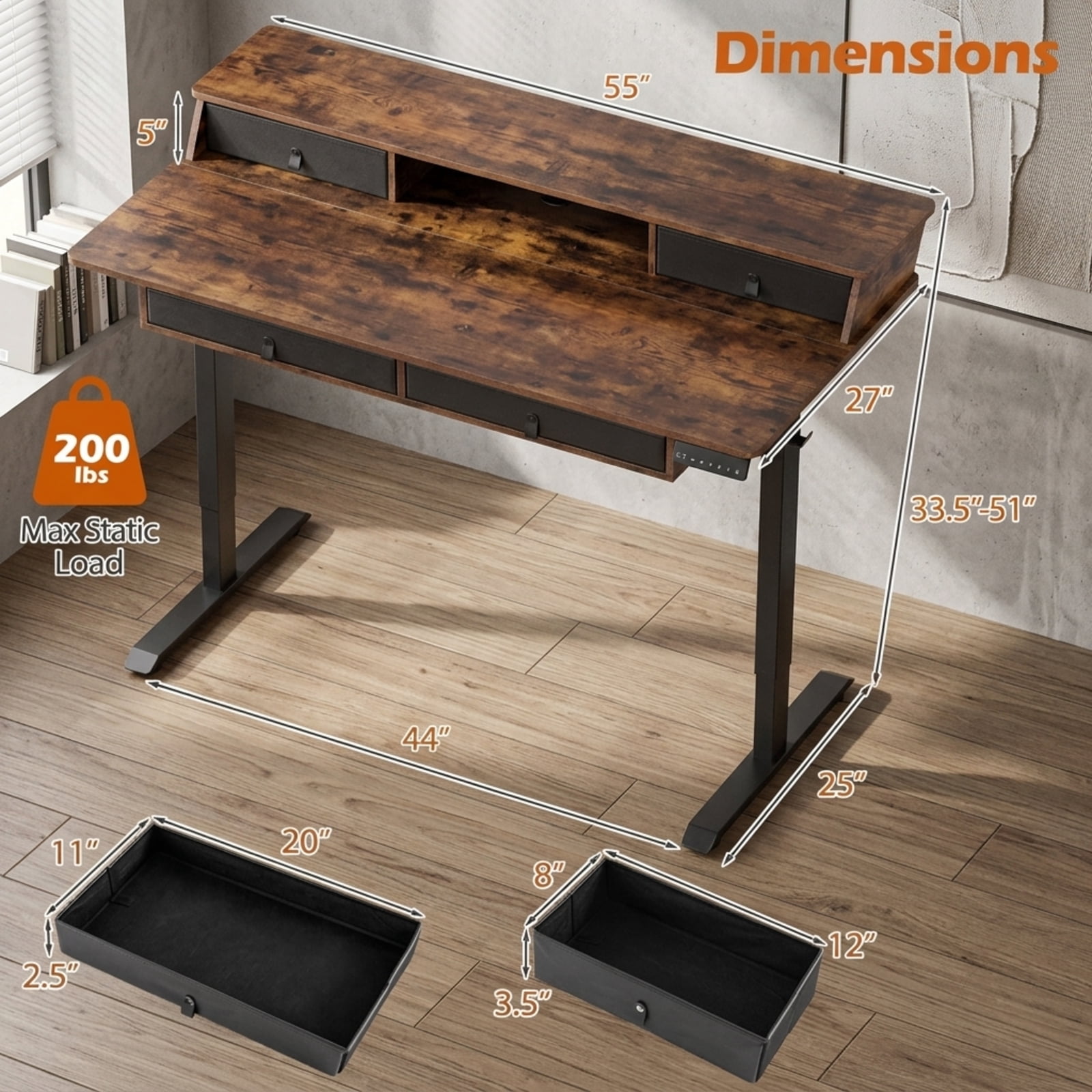Furnibear 55 x 27 Inch Electric Standing Desk with 4 Drawers Monitor Stand Memory Presets and Cable Management for Home Office, Rustic Brown