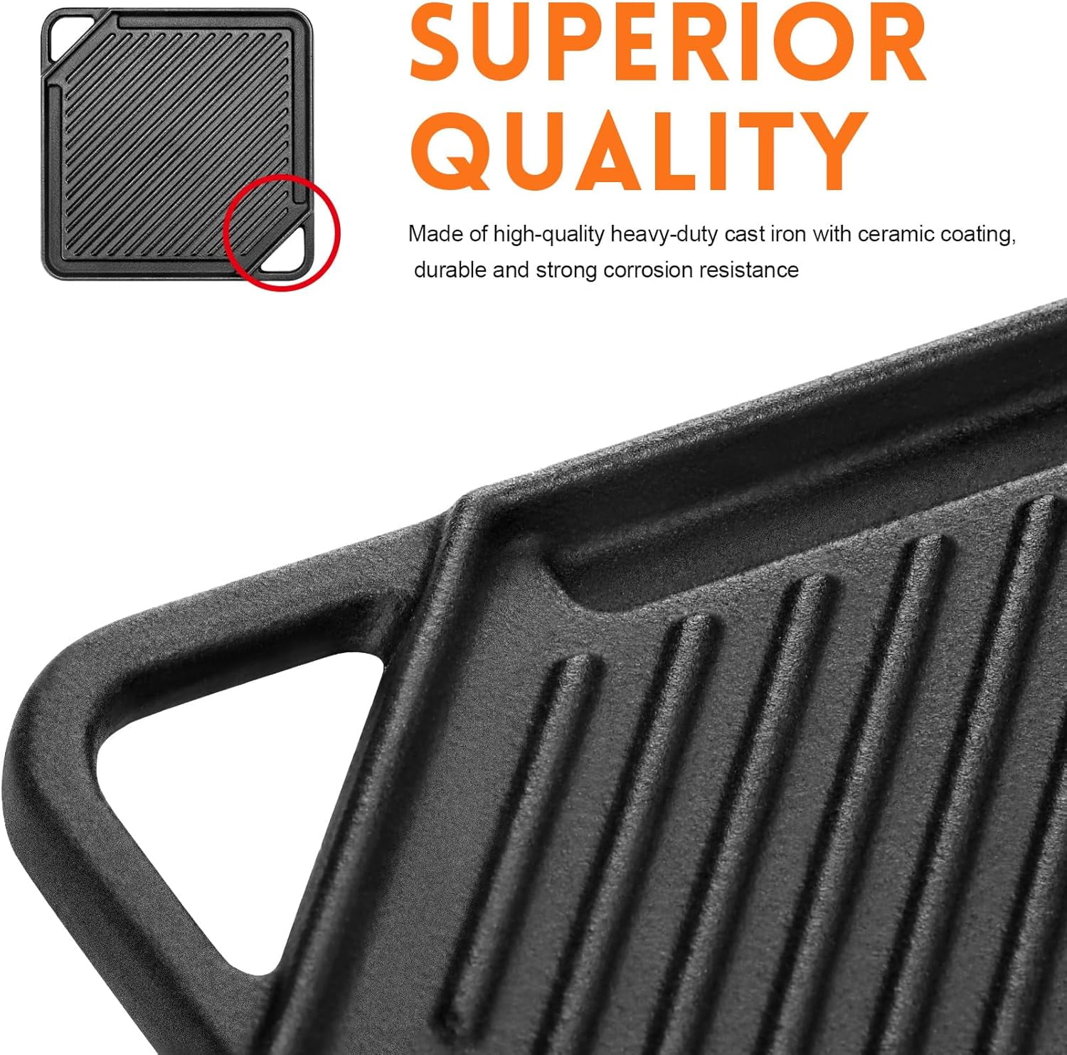 Cast Iron Reversible Griddle, 10x10 Square Baking Flat and Ribbed Griddle Plate for Gas Grills and Stove Tops