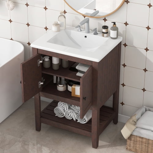 24" Open Shelf Bathroom Vanity with Half-Moon Ceramic Sink, Solid Birch Frame & MDF Cabinet, Brown Freestanding Vanity for Small Spaces