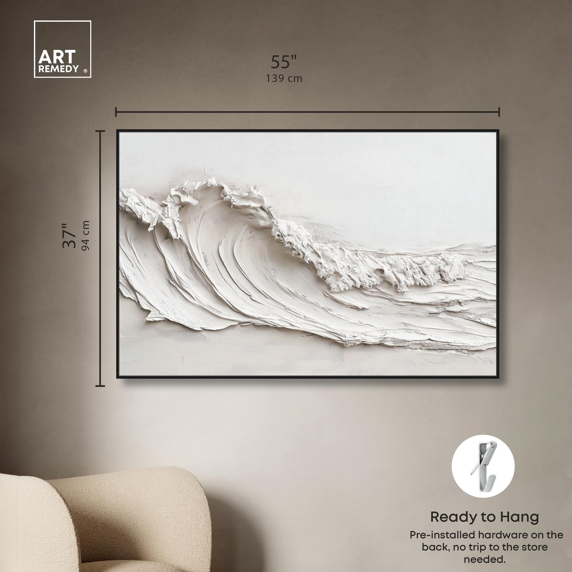 Wave on White Canvas Neutral Boho by Art Remedy, Black Frame, 54 x 36